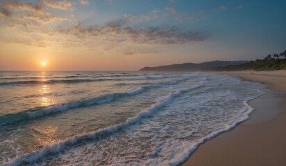 Fototapeta premium Sunset view over ocean waves washing onto sandy beach