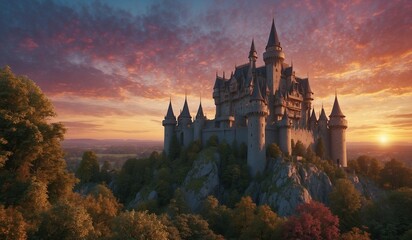 Obraz premium Enchanting castle with sunset view and colorful sky.