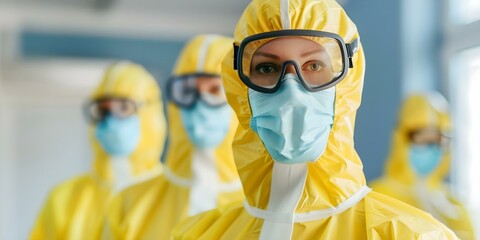 Specialists in yellow protective gear sanitizing surfaces for virus and pest management. Concept Sanitizing Surfaces, Virus Management, Pest Control, Protective Gear, Specialists