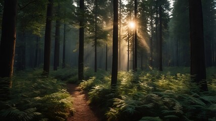 Naklejka premium morning in the forest,A picture of beautiful forest trees at sunset. A high-definition clear background picture