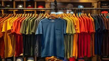 Fototapeta premium Multi-colored T-shirts hanging on hangers in a store