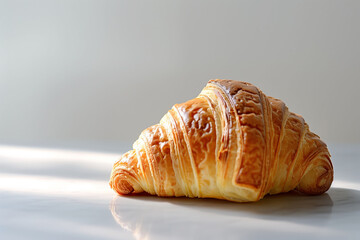 Golden freshly baked croissant on a white background with morning sunlight showcasing flaky layers French pastry concept