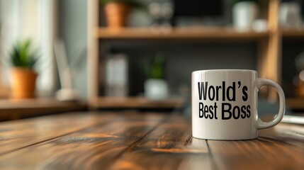 A white mug with World's Best Boss printed on it sits on a wooden table