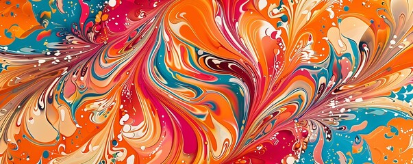 Colorful and dynamic marbling background with swirling patterns and bright color splashes, traditional ephorata silk style.