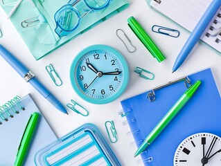 school supplies on a white background, using a blue and green color palette, including a clock, calculator, pen, sticker in the style of a star, sticky notes, paper clip, and scissors