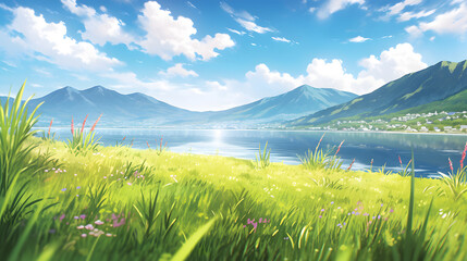 Lake side view from grass anime style illustration. © iPhoto