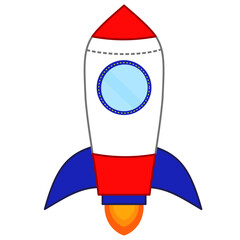 Launching or upswing spaceship rocket and fire.Modern.Creative idea.Sign, symbol, icon or logo isolated.Science, Startup business, Space.Graphic.Flat design.Cartoon vector illustration.