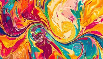 Colorful and dynamic marbling background with swirling patterns and bright color splashes, traditional ephorata silk style.