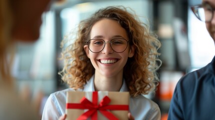 A smiling woman in glasses presents a wrapped gift to a colleague in an office setting