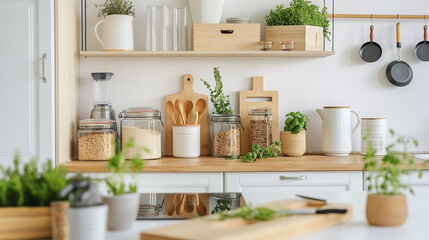 Fototapeta premium Modern kitchen countertop with eco-friendly utensils and bamboo storage containers