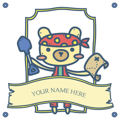 Cute fun pirate ship captain and crew member personalized poster character with blank name space banner template background for kids in summer - bear