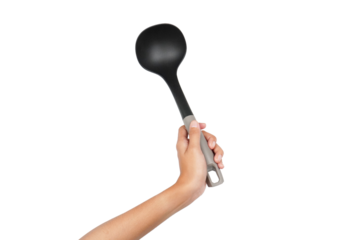 Female hand holding ladle soup isolated transparent