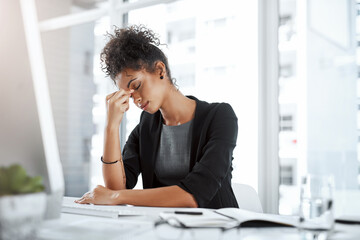 Business, black woman and tired with headache in office from migraine, overworked and stress for...