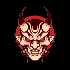 Japanese Oni Demon Mask Illustration. Mask Designs for T-shirts, Tattoos, Stickers, Gaming Logos or Posters