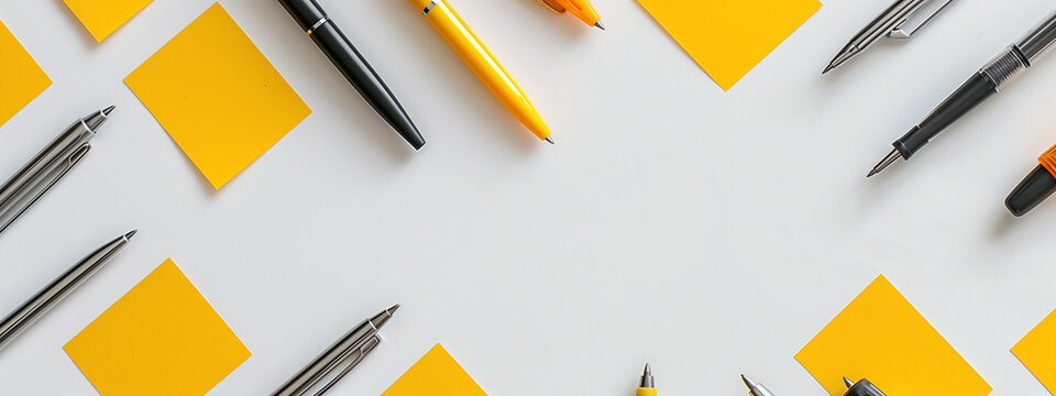 Sticky yellow notes and pens compose an inviting workspace, hinting at the creative potential of a forthcoming brainstorm.