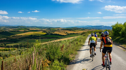 Fototapeta premium Cyclists riding through beautiful natural scenery
