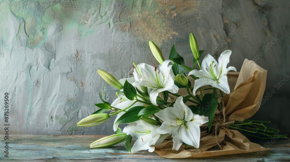 Wall mural elegant white lilies bouquet on a rustic wooden table