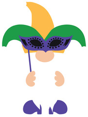 Cute Mardi Gras gnome with mask vector illustration.