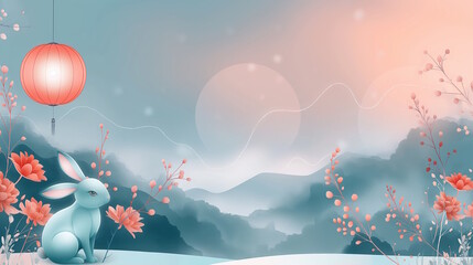 Rabbit with lanterns and flowers in a misty landscape, representing serenity, tradition, and Mid-Autumn Festival