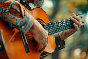 Fototapeta premium Close-Up of Guitarist Fingers Strumming Acoustic Guitar