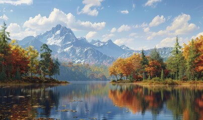 Fototapeta premium beautiful autumn landscape with mountains and trees in background, lake reflecting fall foliage colors, clear blue sky above, feeling of tranquility and harmony with nature