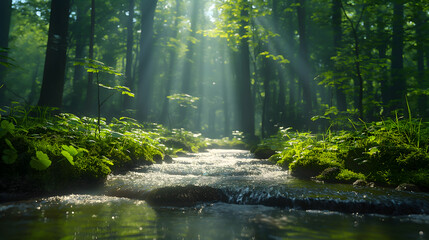 Fototapeta premium Enchanted Forest Waterfall Bathed in Sunbeams