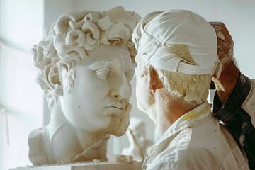 Artist Carving Realistic Statue in White Cement