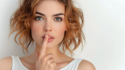 Naklejka premium Woman Gesturing Silence with Finger on Lips on White Background