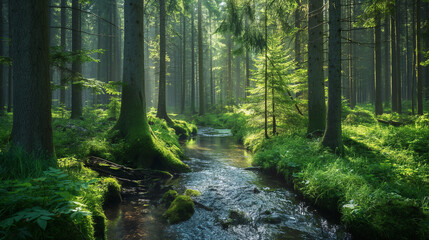 Obraz premium Tranquil forest stream at sunset, lush green woodland, sunlight filtering through trees