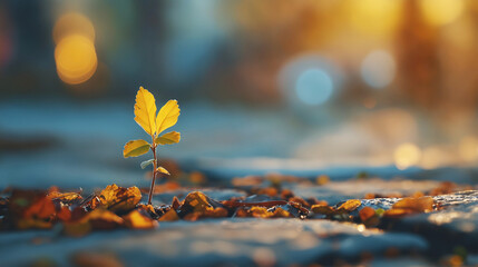 Young plant sprouting from the ground with morning sunlight, growth and new beginnings in nature, fresh green leaves with warm bokeh background