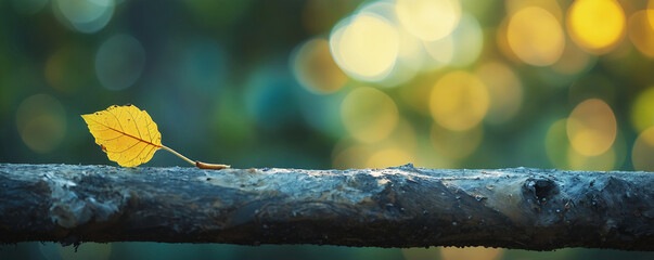 Yellow leaf on tree branch with blurred bokeh background, autumn season and nature concept, detailed close up of foliage in fall