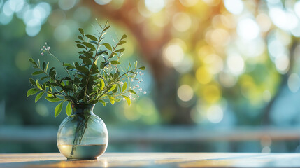 Green leafy branches in a glass vase with natural bokeh background, fresh and vibrant plant decor, nature inspired interior design