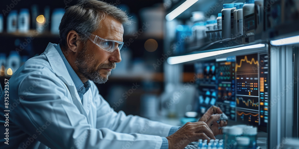 Poster scientist working in medical laboratory with lots of data on a screen display, soft lighting. genera