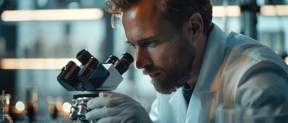 Poster A scientist in a white coat looks through a microscope in a scientific laboratory. Generative AI.