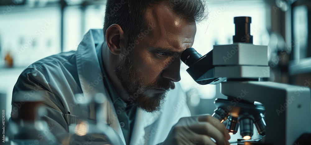Aufkleber A scientist in a white coat looks through a microscope in a scientific laboratory. Generative AI.