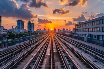 A sunset view of a train track with buildings in the background