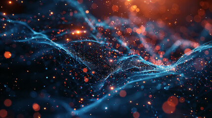An abstract background featuring wires and glowing particles, creating a futuristic and dynamic visual.