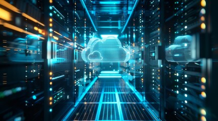 Obraz premium Cloud Computing Environment Showcasing Data Servers and a Virtual Cloud in a Modern Data Center Representing Digital Storage and Online Computing Technology