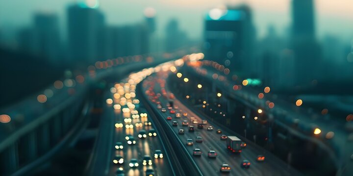 Aerial view of bustling urban expressway traffic in city at night. Concept Night photography, Urban landscape, Expressway traffic, Aerial view, Cityscape