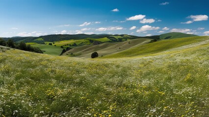 Fototapeta premium Panoramic View of Lush Summer Landscape Background Image 