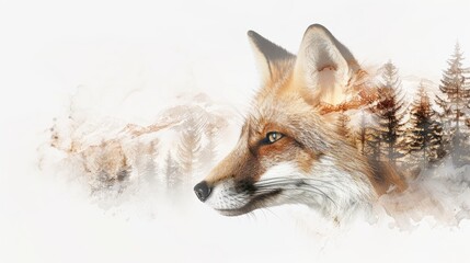 Fototapeta premium A red fox with a snowy mountain backdrop. The image has a dreamlike, surreal quality.