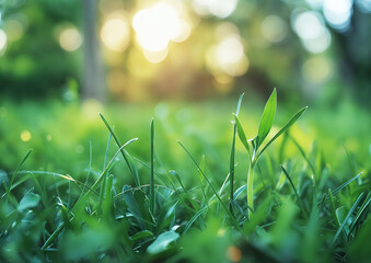 Fototapeta premium Close up of grass blades with bokeh background - fresh green grass in nature