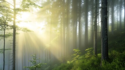 Sunlight streams through a misty forest, illuminating the tall trees and lush undergrowth.
