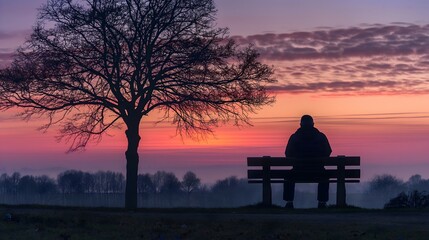 Solitude Bench Sunset Silhouette Contemplation Dusk Nature Peaceful Twilight Serenity