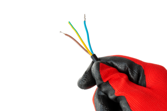 Electrician holding the ends of an electrical cable, multi-colored bundle of electrical cables, isolated, close-up
