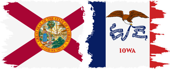 Iowa and Florida states grunge brush flags connection vector