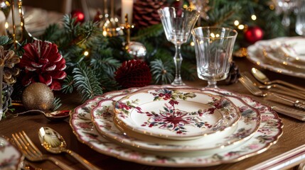 Naklejka premium Setting up a holiday table decorated with festive decorations Warmth and happiness luxurious place and shiny accents Create a warm and festive atmosphere for holiday gatherings.