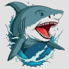 HandDrawn Comic Angry Shark Head Out of Water with Open Mouth, Big Teeth, and Waves