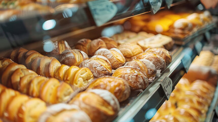 Close-up view of freshly baked bakery items.