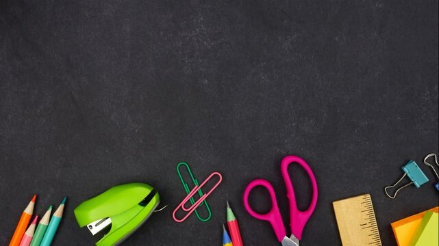 Colorful school supplies moving bottom border. Top down view over a black chalkboard background. Back to school concept.
